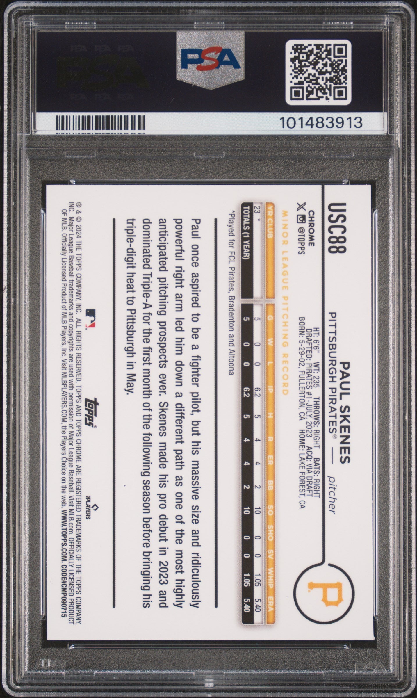 Paul Skenes Pirates 2024 Topps Chrome Update Rookie X-Fractor Card #USC88 PSA 10