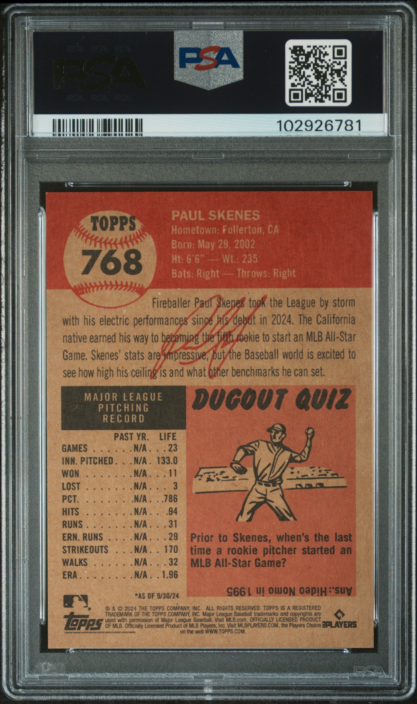 Paul Skenes Pittsburgh Pirates 2024 Topps Living Set Rookie Card #768 PSA 9 Mint