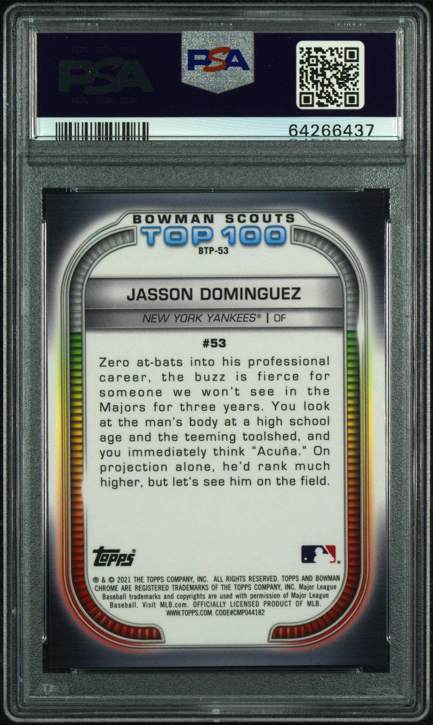 Jasson Dominguez 2021 Bowman Top 100 Atomic Refractor Card /150 PSA 10 Gem Mint