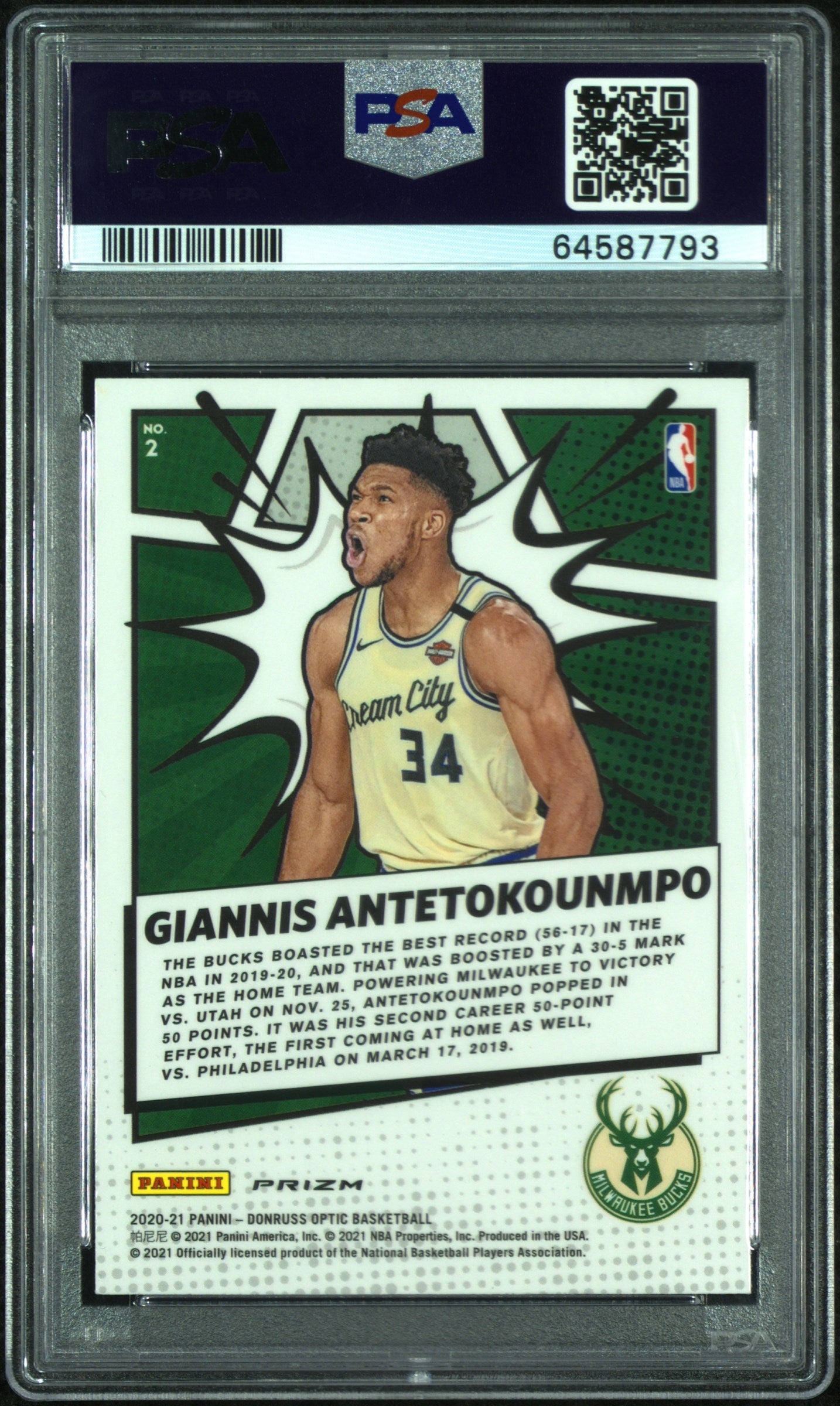 Giannis Antetokounmpo Bucks 2020 Donruss Optic My House! Purple Prizm Card PSA 9