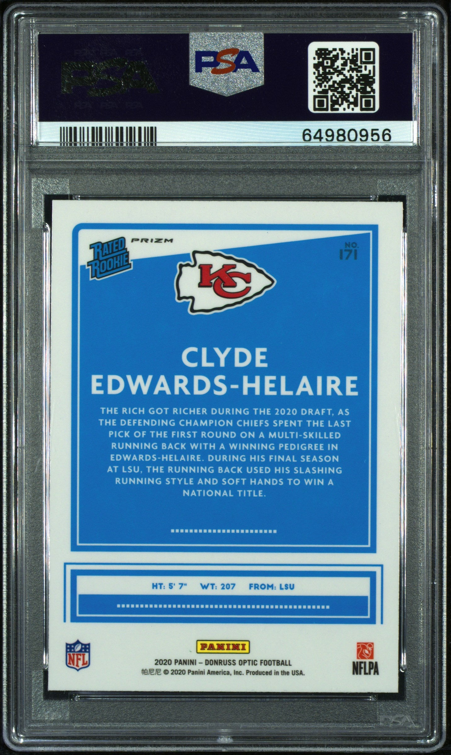 Clyde Edwards-Helaire 2020 Donruss Optic Green Velocity Rated Rookie Card PSA 10