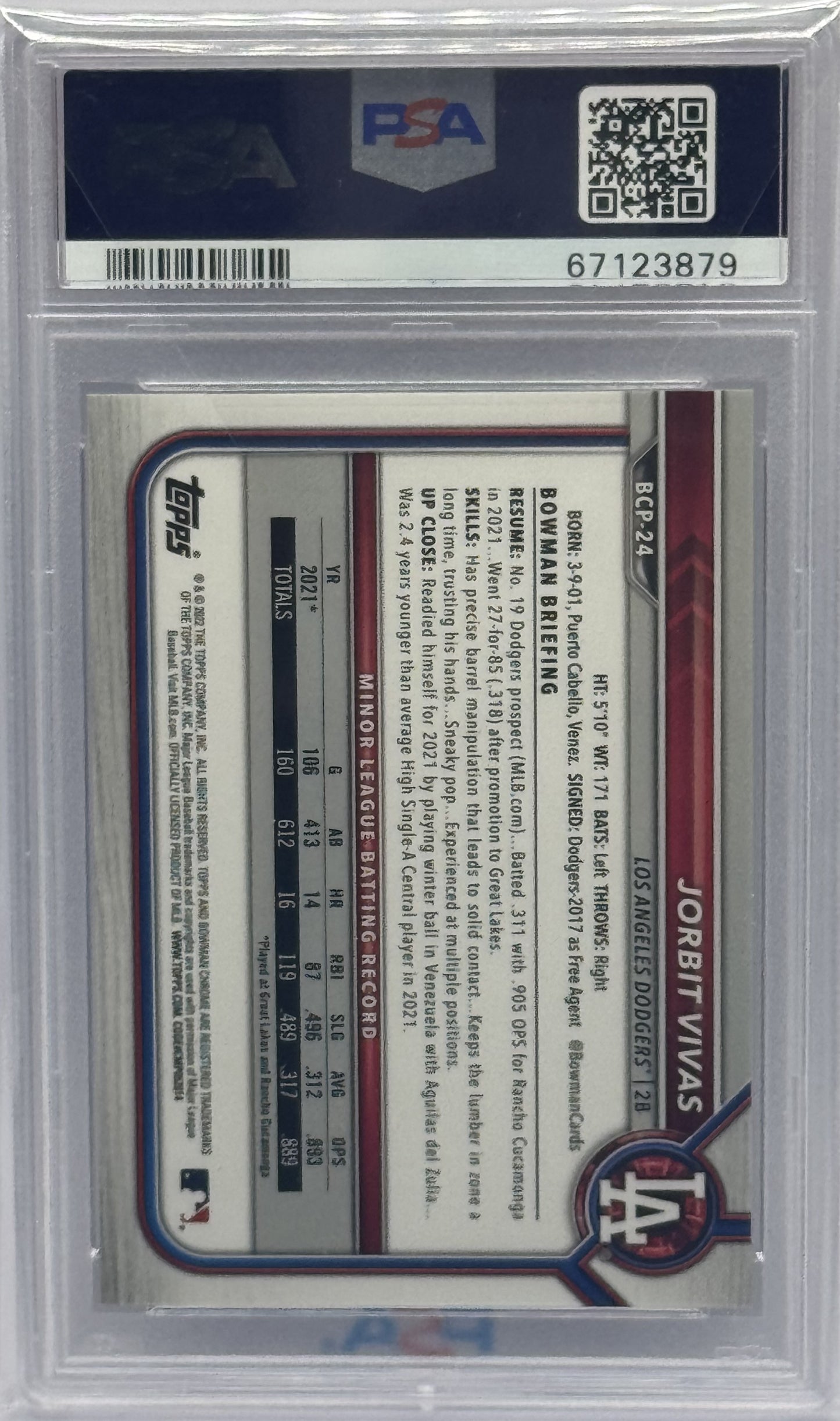 Jorbit Vivas Dodgers 2022 Bowman 1st Blue Mojo Refractor Rookie Card /150 PSA 10