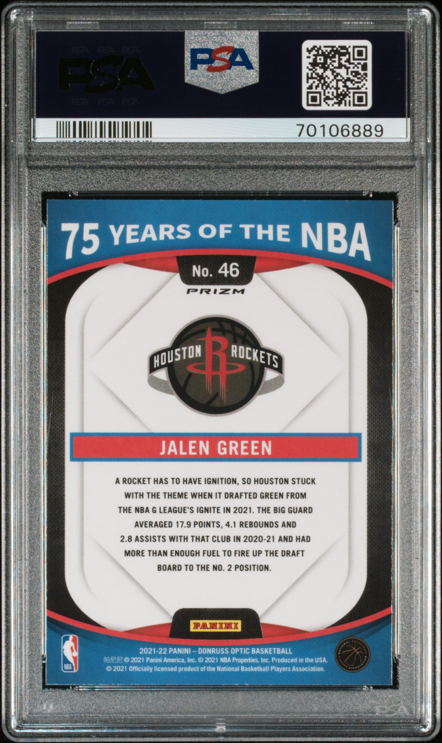 Jalen Green Rockets 2021 Panini Prizm 75 Years of the NBA Rookie Card #46 PSA 10