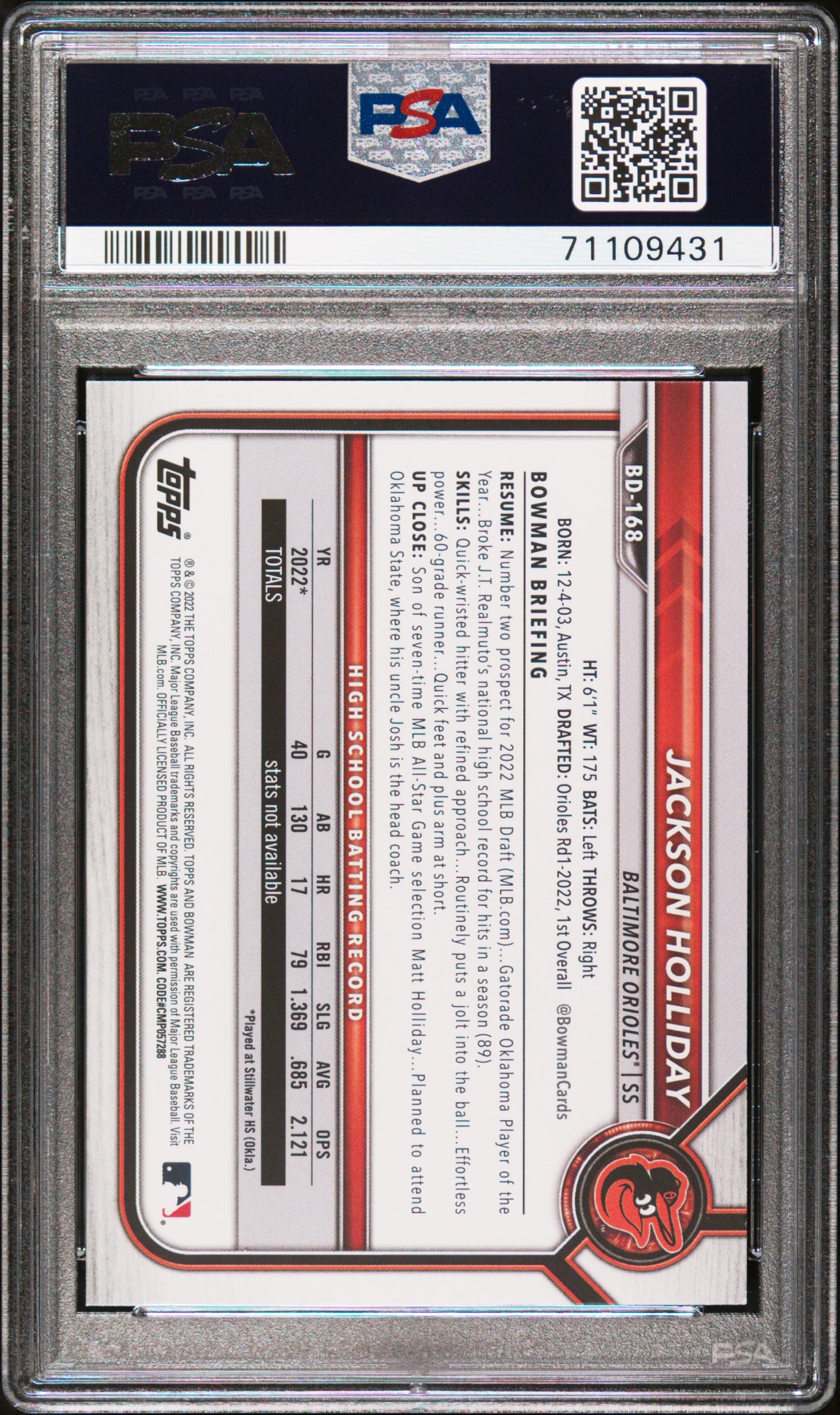 Jackson Holliday Orioles 2022 Bowman Draft Rookie Card BD-168 PSA 10 Gem Mint