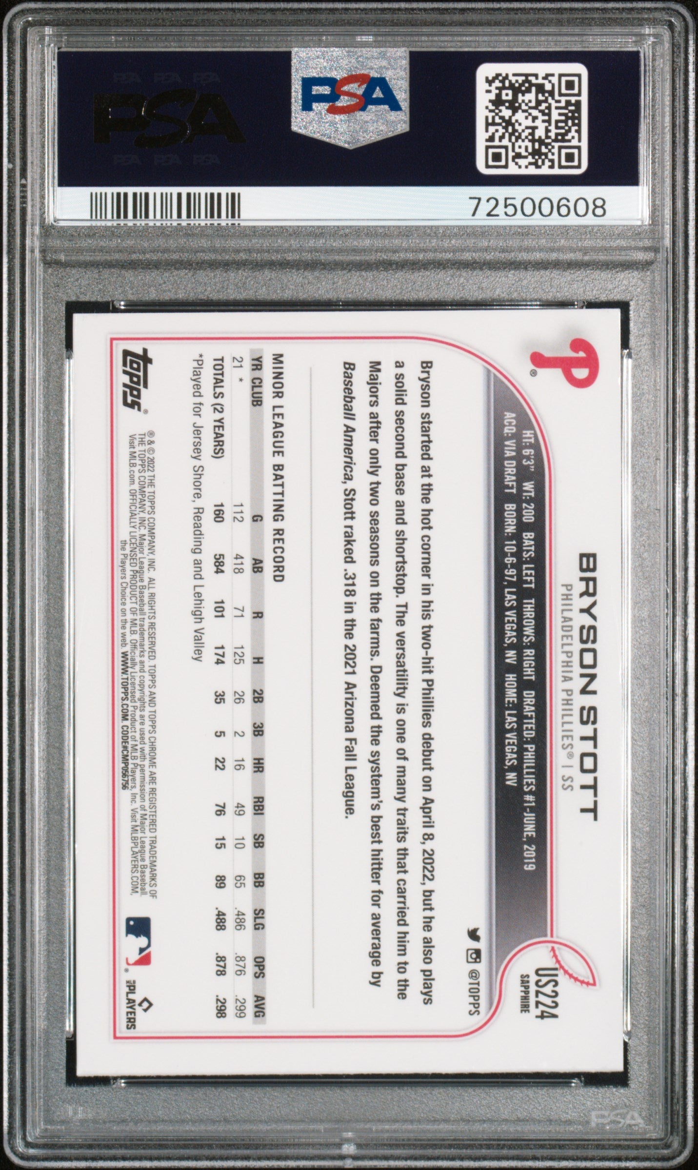Bryson Stott 2022 Topps Chrome Update Sapphire Rookie Card #224 PSA 9 Mint