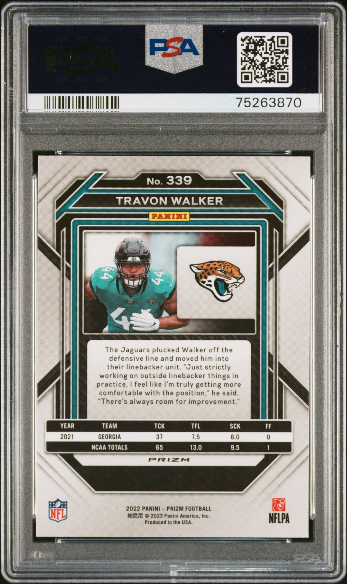 Travon Walker Jaguars 2022 Prizm Green Prizm Rookie Card #339 PSA10 Gem Mint