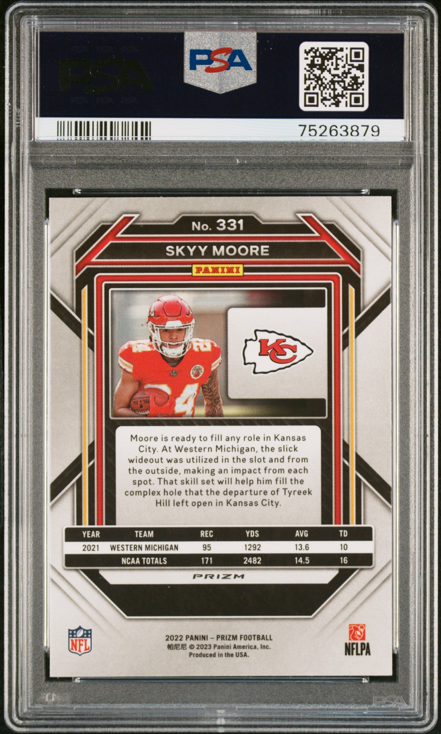 Skyy Moore Chiefs 2022 Panini Prizm Silver Prizm Rookie Card #331 PSA 9 Mint