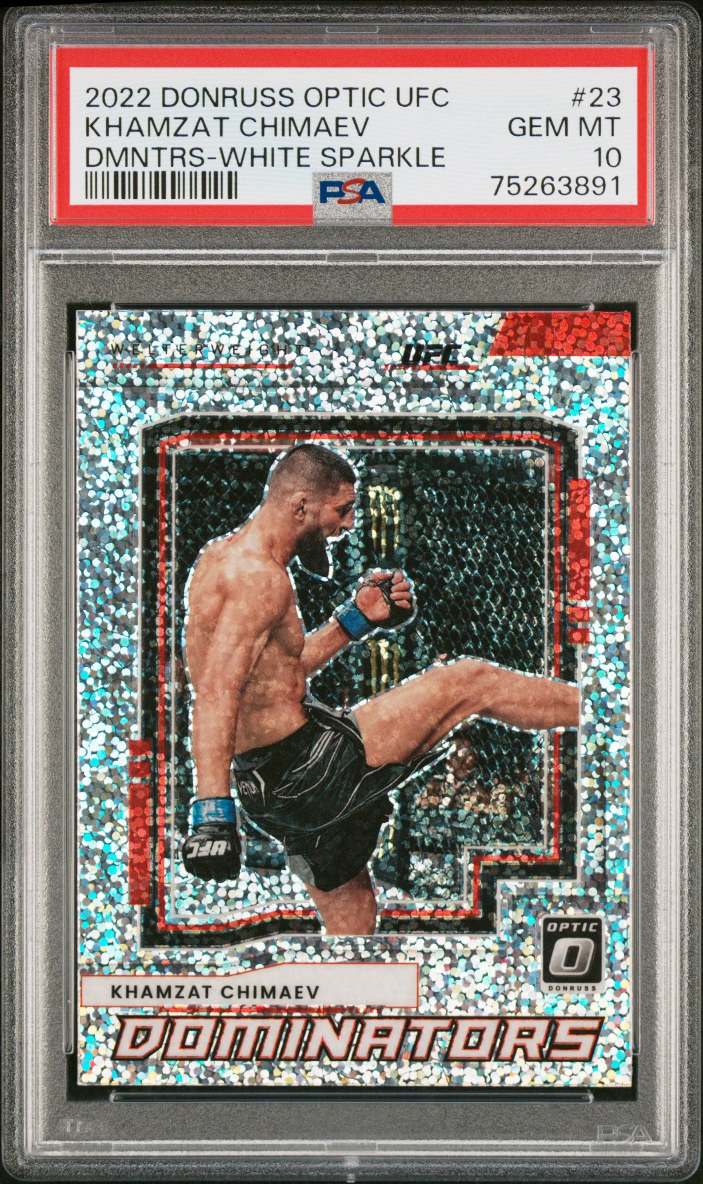 Khamzat Chimaev UFC 2022 Donruss Optic Dominators White Sparkle Card #23 PSA 10