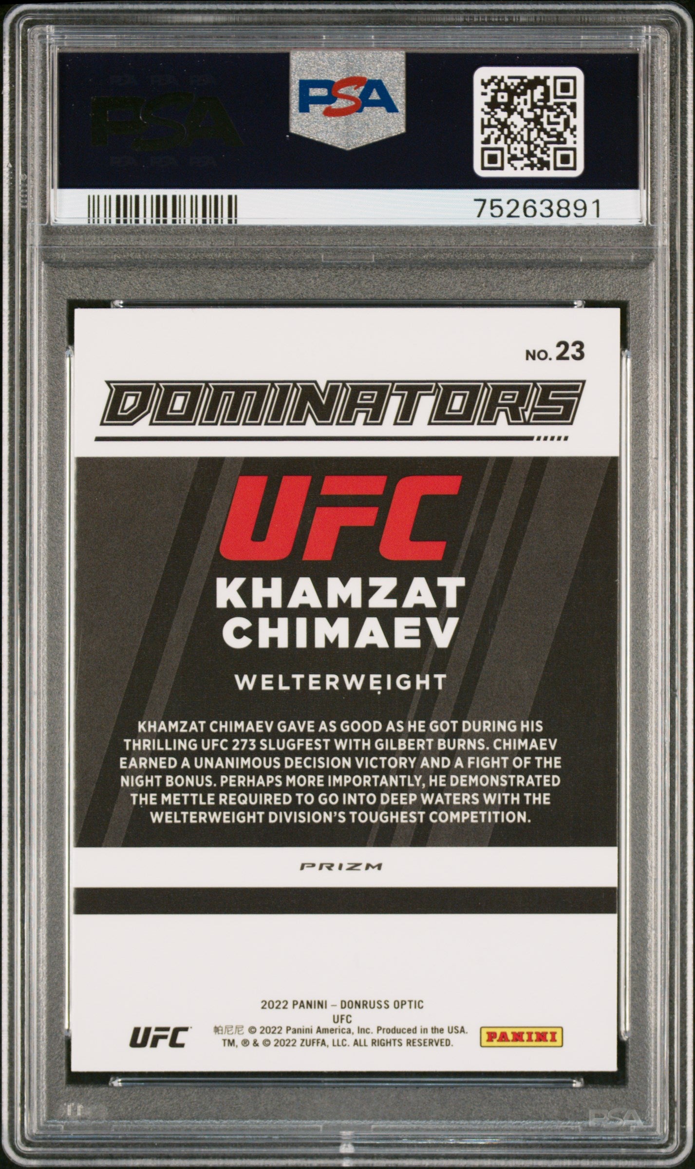 Khamzat Chimaev UFC 2022 Donruss Optic Dominators White Sparkle Card #23 PSA 10