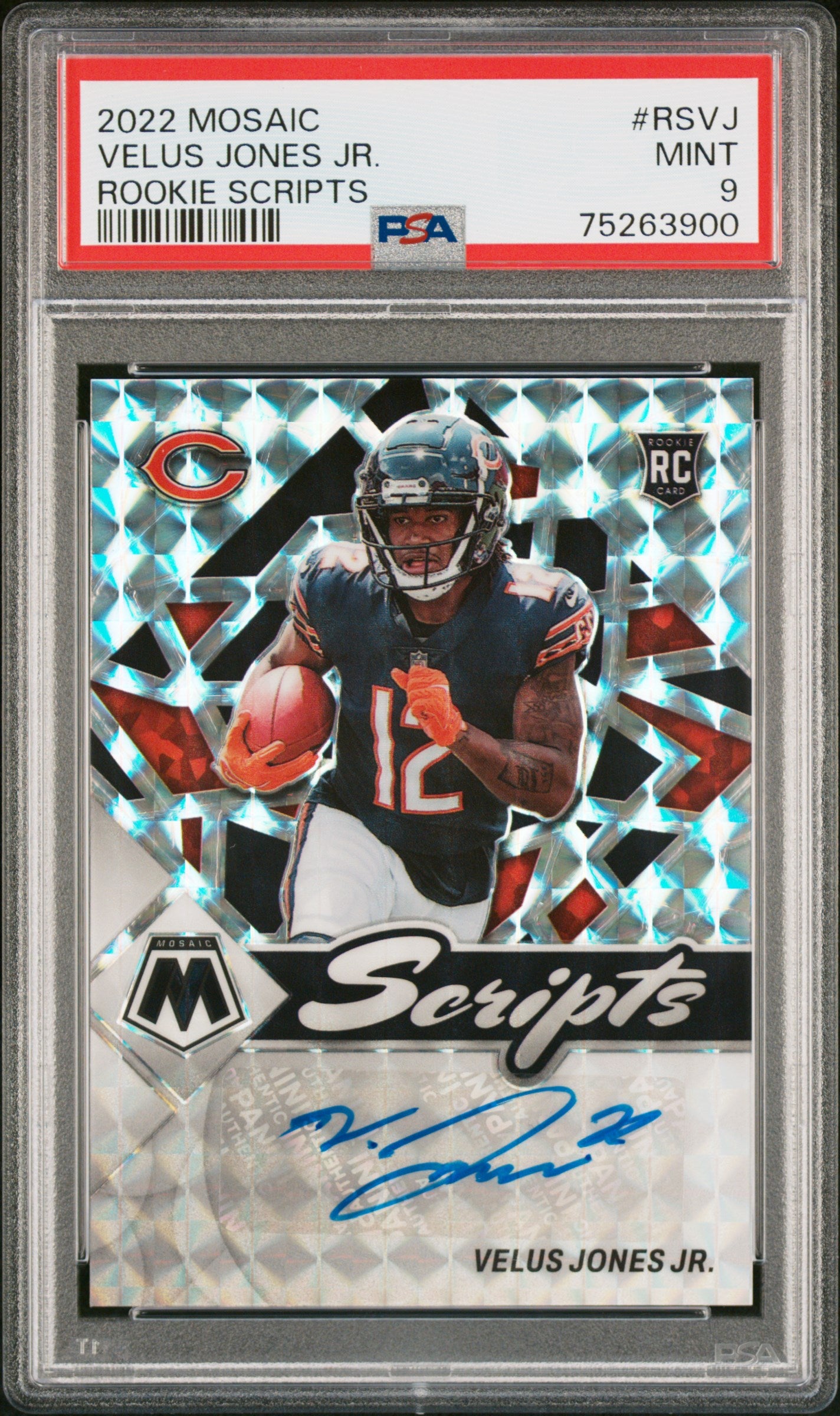 Velus Jones Jr. Bears 2022 Mosaic Rookie Scripts Autograph Card #RS-VJ PSA 9