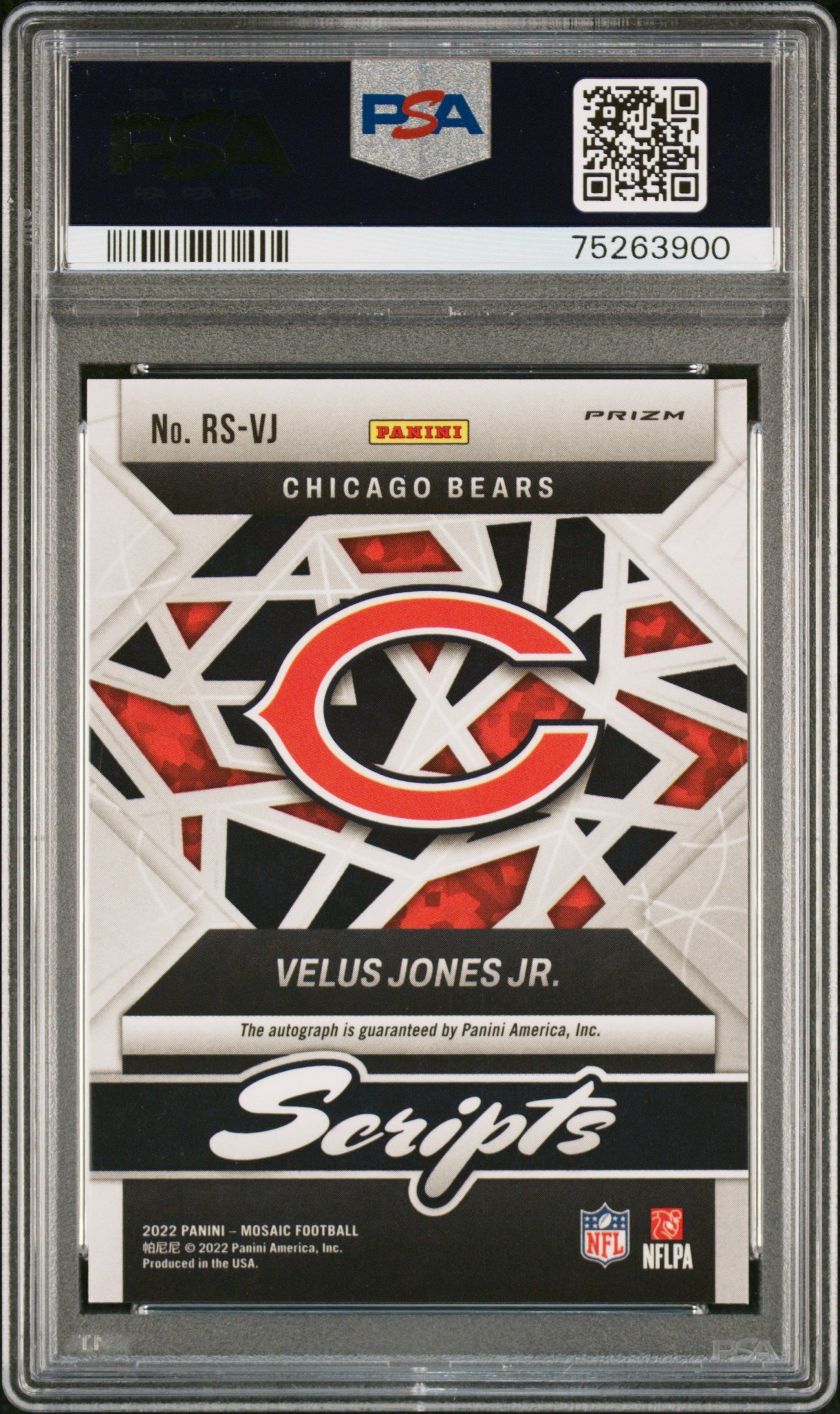 Velus Jones Jr. Bears 2022 Mosaic Rookie Scripts Autograph Card #RS-VJ PSA 9