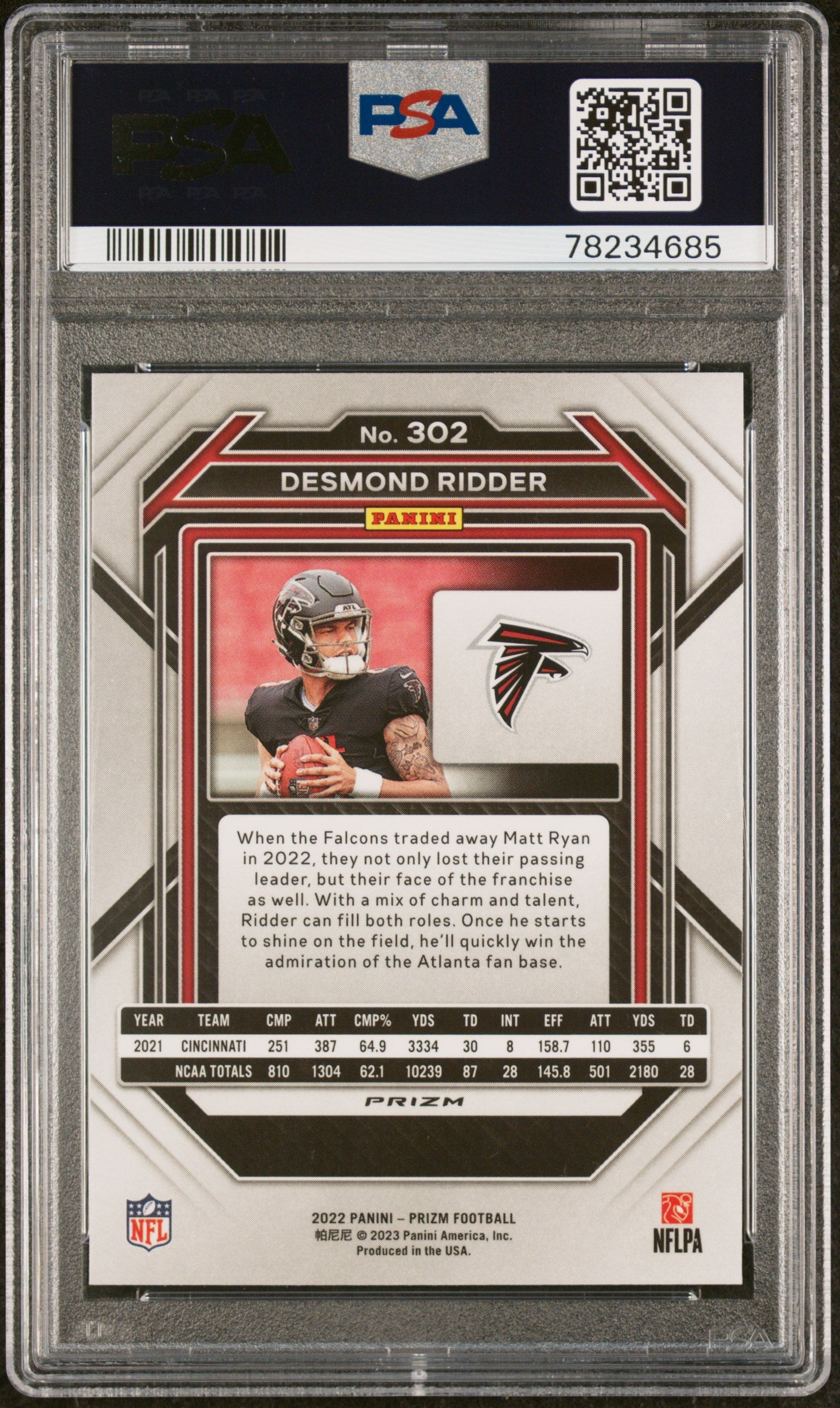 Desmond Ridder Falcons 2022 Panini Prizm Orange Ice Prizm Rookie Card #302 PSA 9