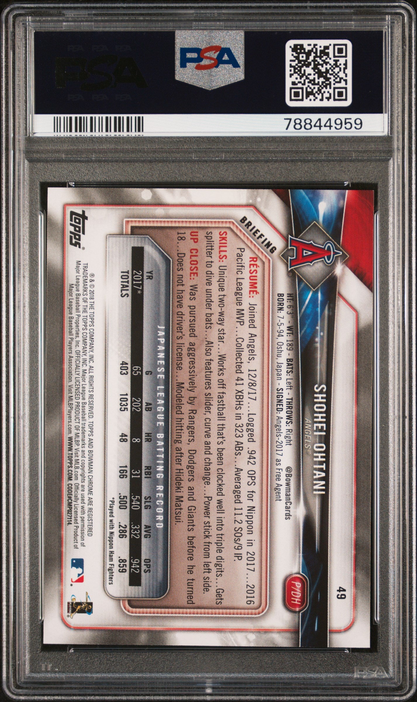 Shohei Ohtani Los Angeles Angels 2018 Bowman Rookie Card #49 PSA 10 Gem Mint