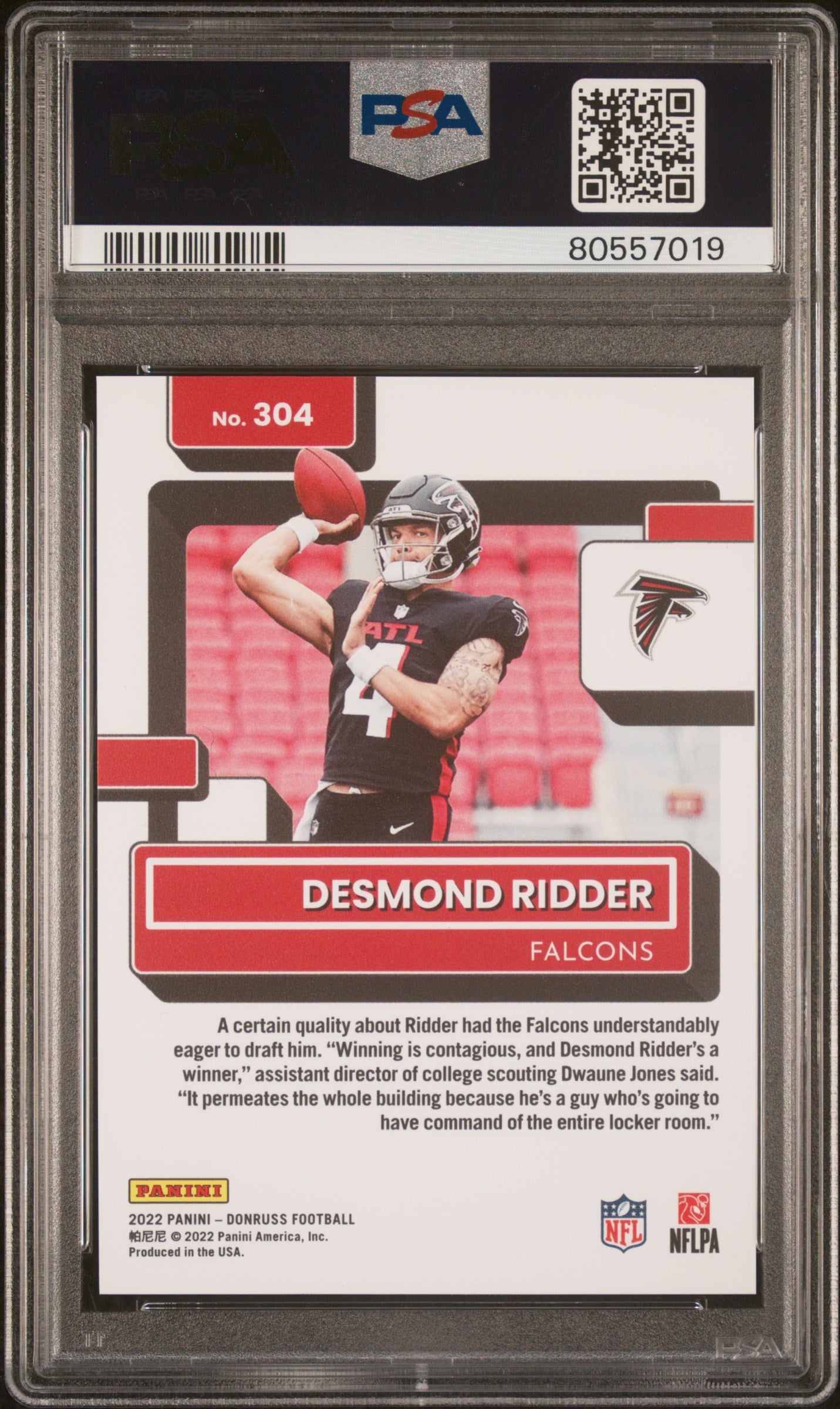 Desmond Ridder Falcons 2022 Donruss Press Proof Premium Rookie Card #304 PSA 9