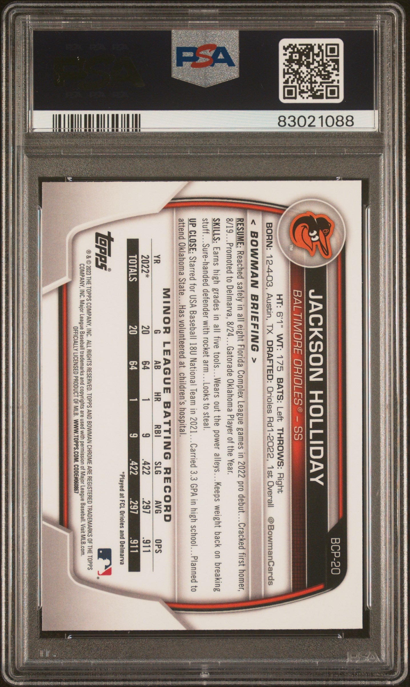Jackson Holliday Orioles 2023 Bowman Chrome Mega Box Card #20 PSA 10 Gem Mint