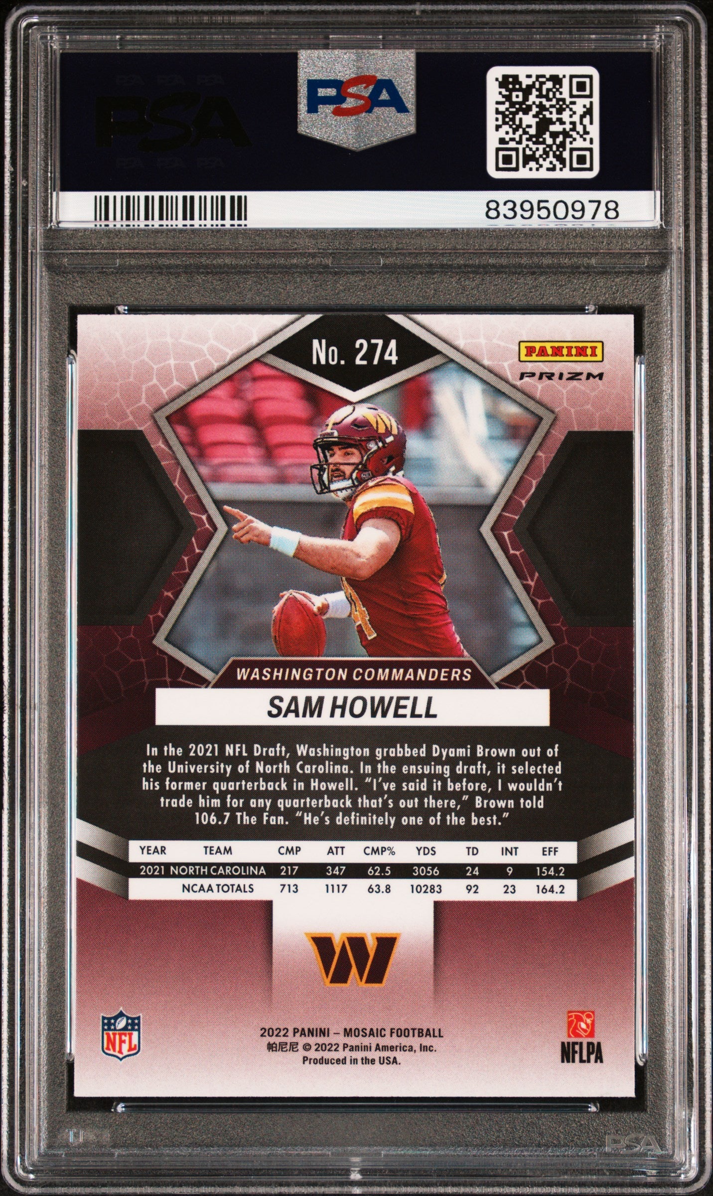 Sam Howell Commanders 2022 Panini Mosaic Camo Pink Rookie Debut Card #274 PSA 10
