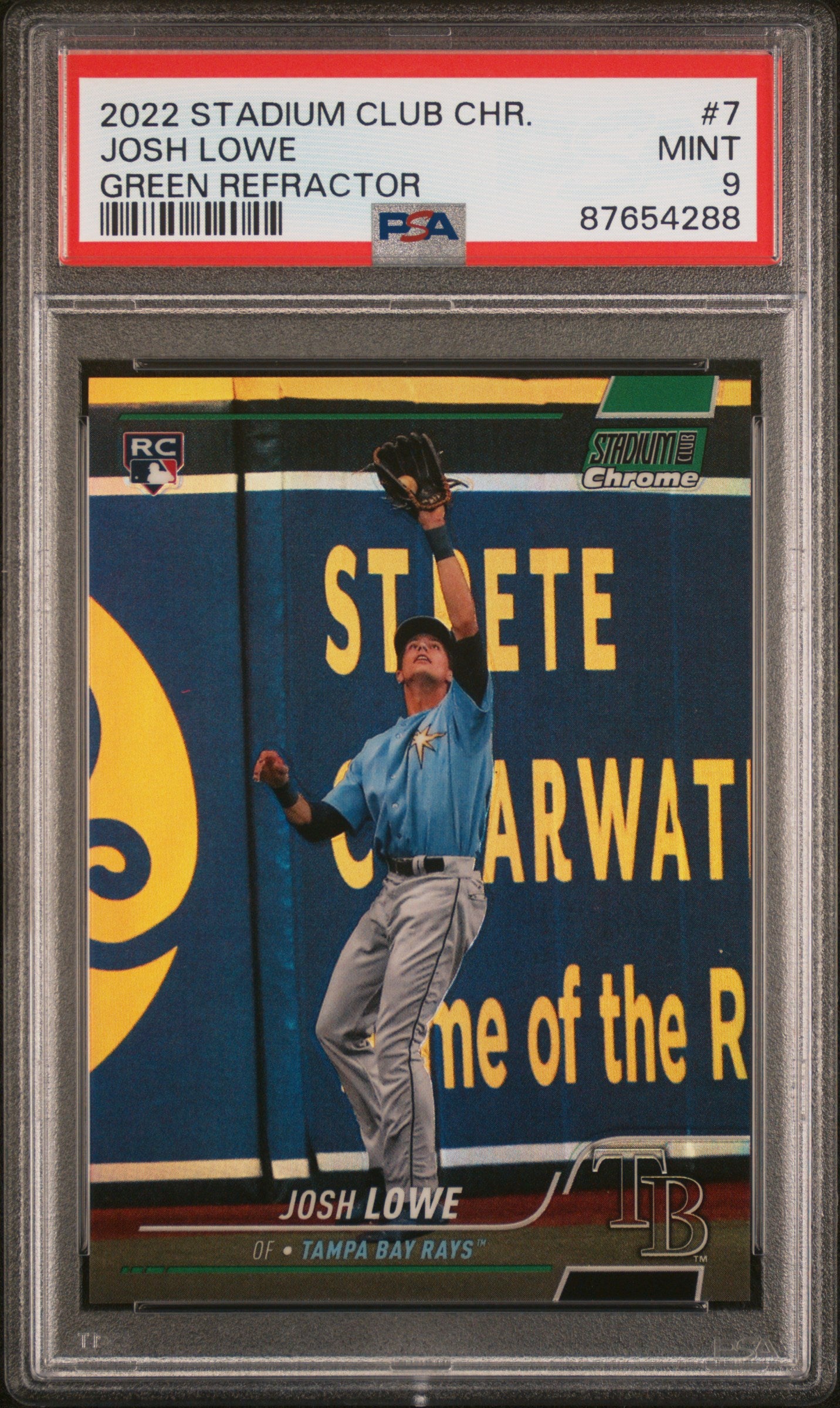 Josh Lowe 2022 Topps Chrome Stadium Club Chrome Green Rookie Card /99 PSA 9