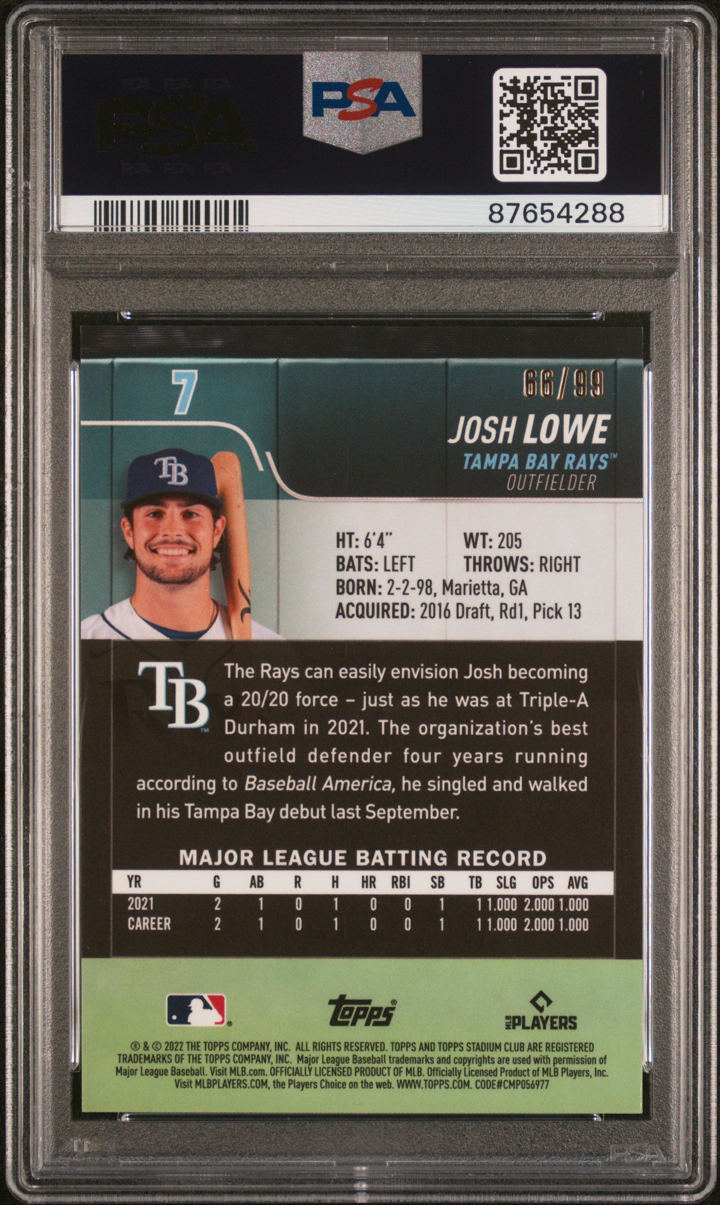 Josh Lowe 2022 Topps Chrome Stadium Club Chrome Green Rookie Card /99 PSA 9