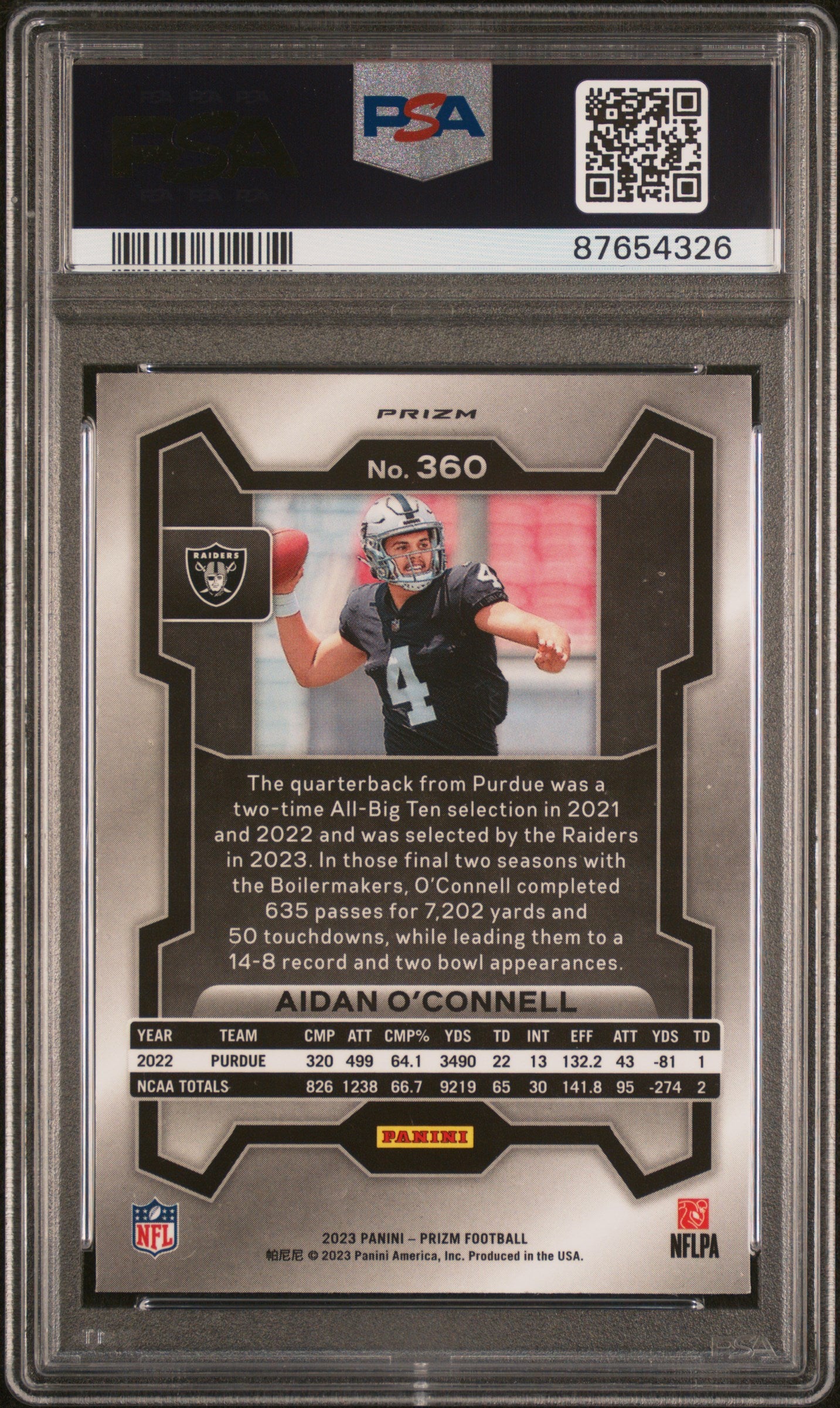 Aidan O'Connell Raiders 2023 Panini Prizm Silver Rookie Card #360 PSA 10