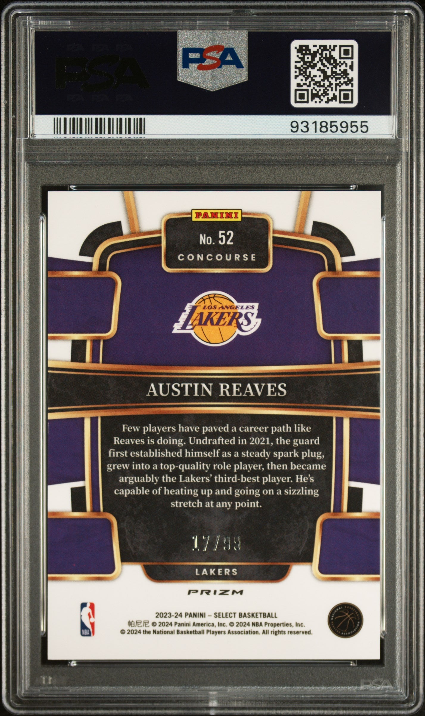 Austin Reaves Lakers 2023 Select Purple Cracked Ice Card /99 PSA 10 Gem Mint