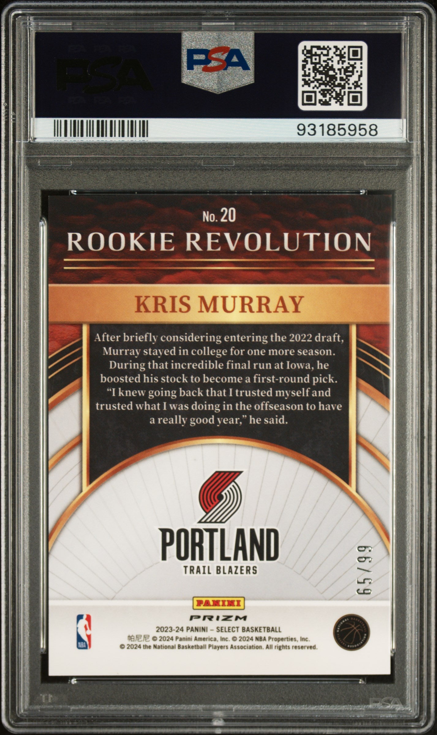 Kris Murray 2023 Select Rookie Revolution Pink Ice Rookie Card /99 PSA 10 Gem