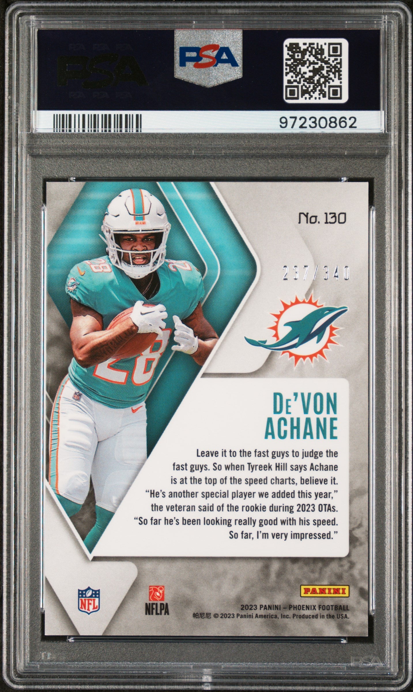 De'Von Achane 2023 Panini Phoenix Fire Burst Rookie Card #130 /340 PSA 9 Mijnt