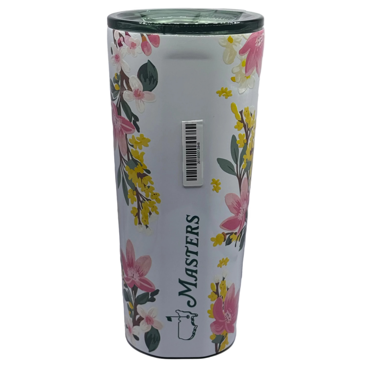 Floral-patterned tumbler with 'Masters' branding on a white background