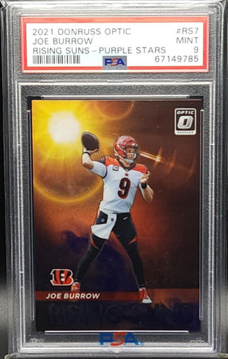Joe Burrow Bengals 2021 Donruss Optic Rising Suns Purple Stars #1/25 Card PSA 9