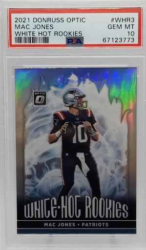 Mac Jones Patriots 2021 Donruss Optic White Hot Rookies Holo Prizm Card PSA 10