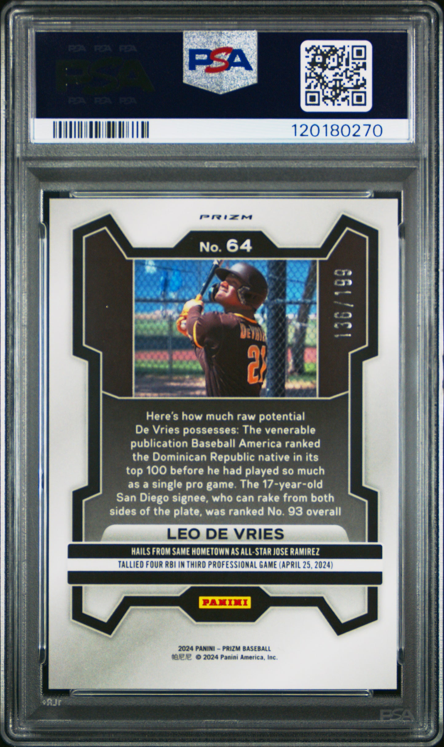 Leo De Vries 2024 Panini Prizm Premium Prospect Card /199 PSA 10 Gem Mint