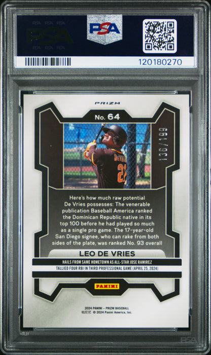 Leo De Vries 2024 Panini Prizm Premium Prospect Card /199 PSA 10 Gem Mint