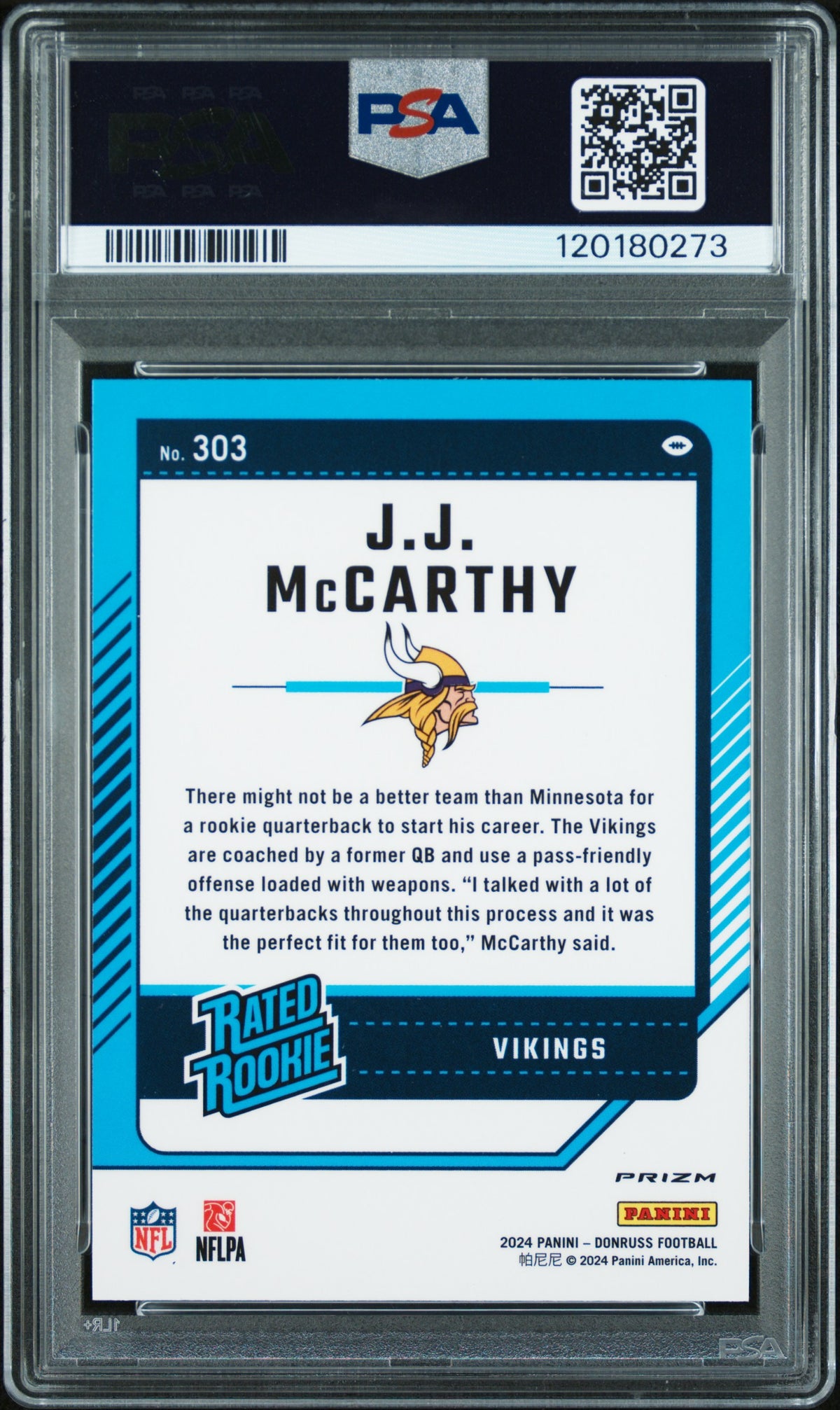 J.J. McCarthy 2024 Donruss Optic Preview Pink Rated Rookie Card #303 PSA 10