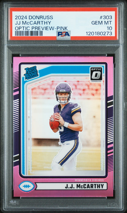 J.J. McCarthy 2024 Donruss Optic Preview Pink Rated Rookie Card #303 PSA 10