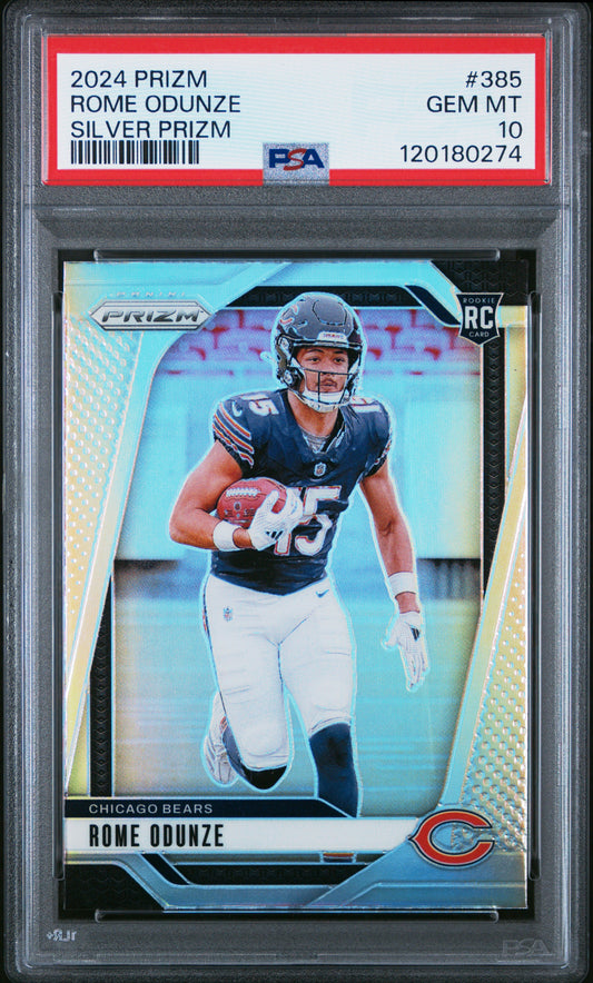 Rome Odunze Bears 2024 Panini Prizm Silver Prizm Rookie Card #385 PSA 10