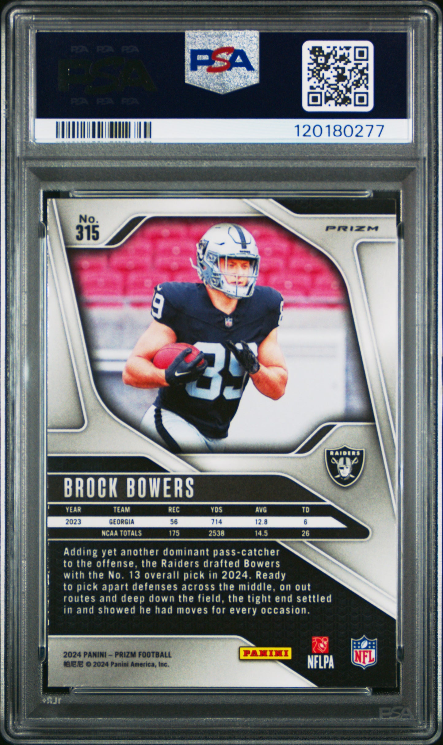 Brock Bowers Raiders 2024 Panini Prizm Neon Green Pulsar Rookie Card #315 PSA 10
