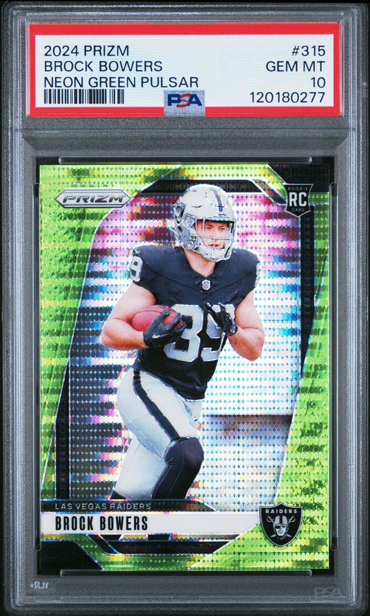 Brock Bowers Raiders 2024 Panini Prizm Neon Green Pulsar Rookie Card #315 PSA 10