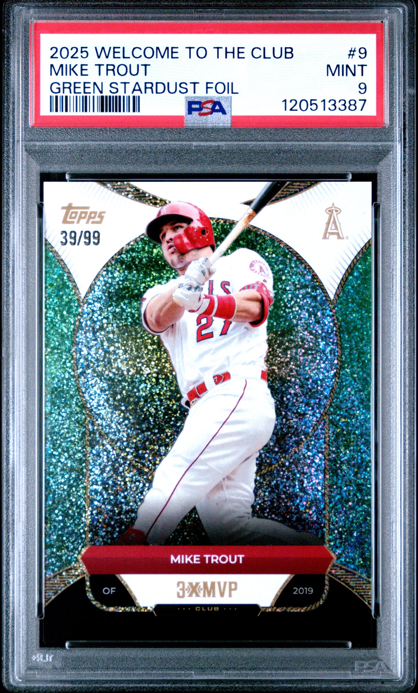 Mike Trout 2025 Topps Welcome to the Club MVP Green Stardust Foil Card /99 PSA 9