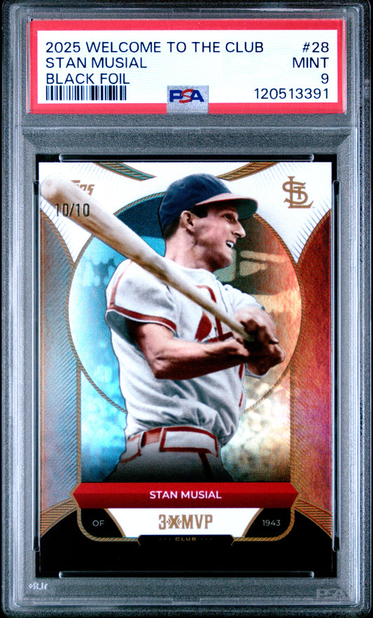 Stan Musial 2025 Topps Welcome to the Club MVP Black Foil Card /10 PSA 9 Mint