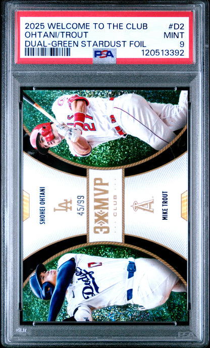 Shohei Ohtani Mike Trout 2025 Topps 3x MVP Green Stardust Foil Card /99 PSA 9