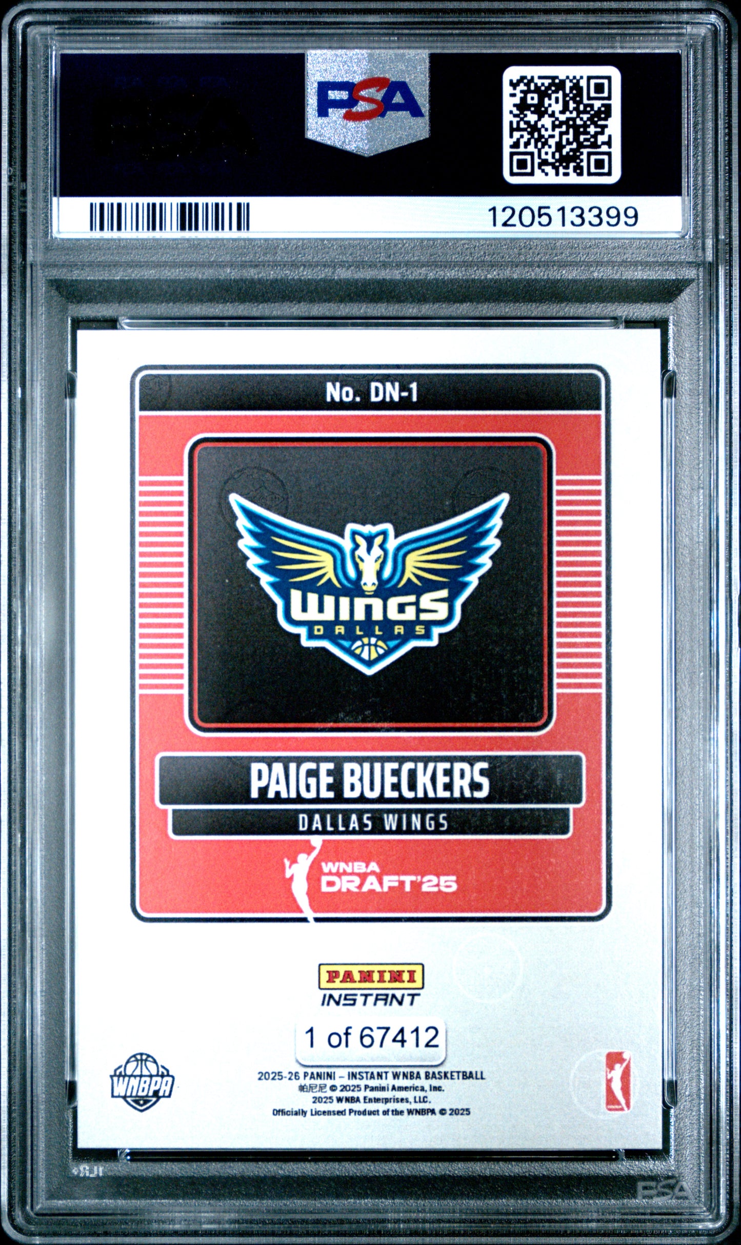 Paige Bueckers Wings 2025 Panini Instant Draft Night Rookie Card #DN-1 PSA 9
