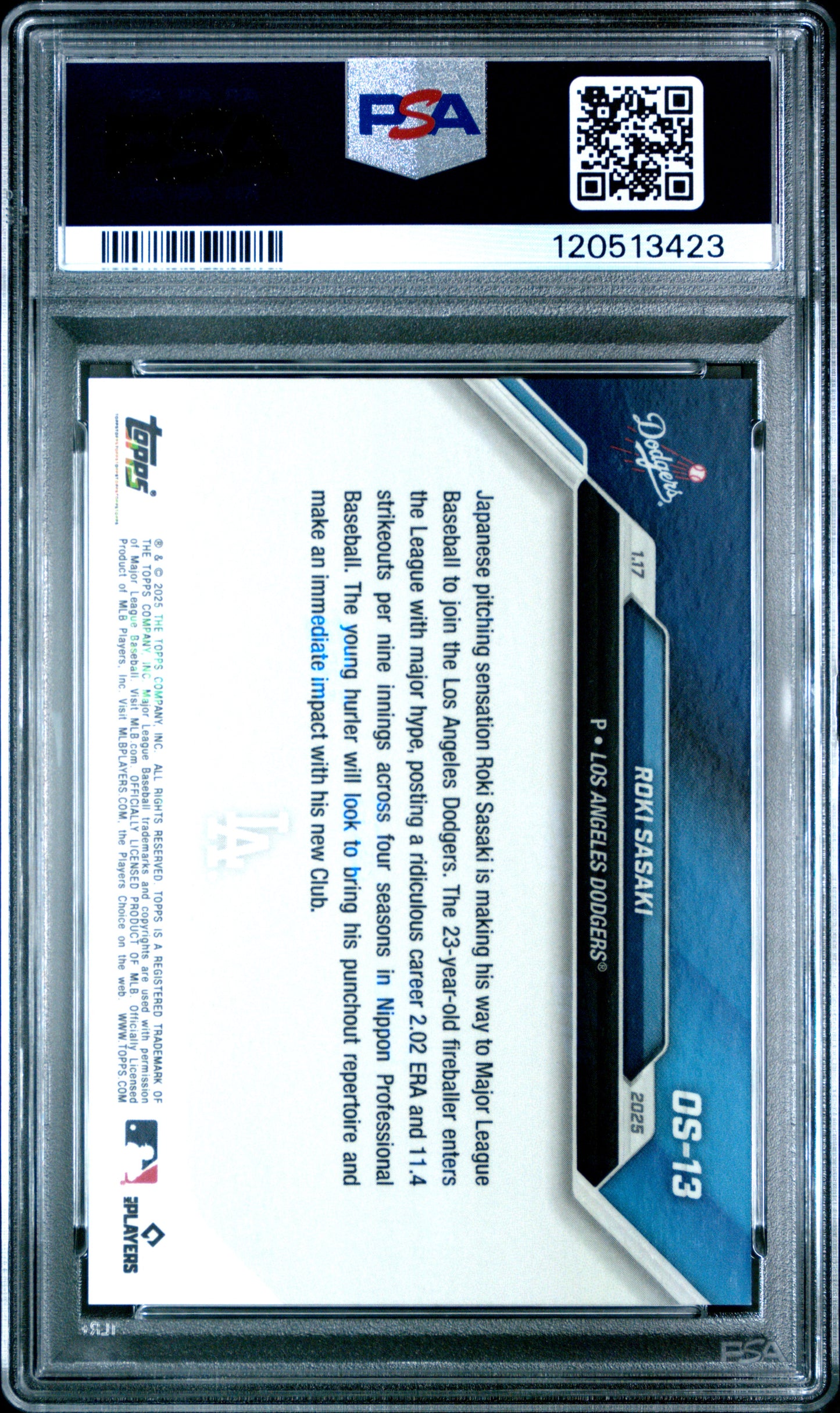 Roki Sasaki Dodgers 2024 Topps Now Offseason Signing Card #OS-13 PSA 10