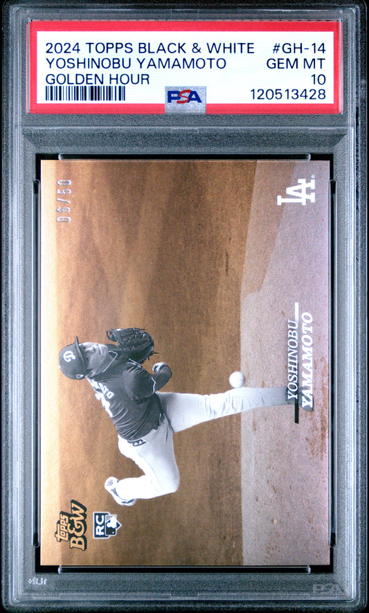 Yoshinobu Yamamoto 2024 Topps Black & White Golden Hour Rookie Card /50 PSA 10