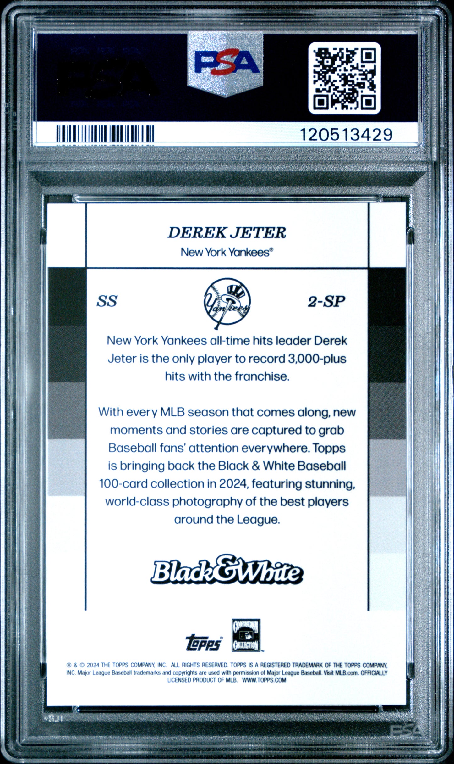 Derek Jeter Yankees 2024 Topps Black & White Variation SP Card #2-SP PSA 10