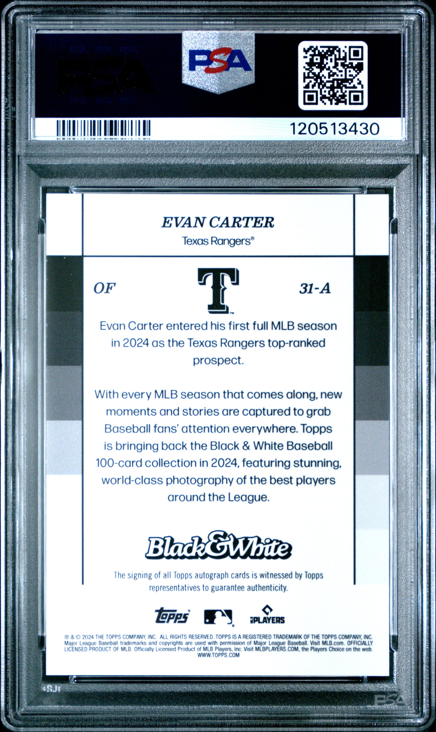 Evan Carter 2024 Topps Black & White Autographed Blue Rookie Card /49 PSA 10