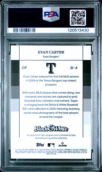 Evan Carter 2024 Topps Black & White Autographed Blue Rookie Card /49 PSA 10