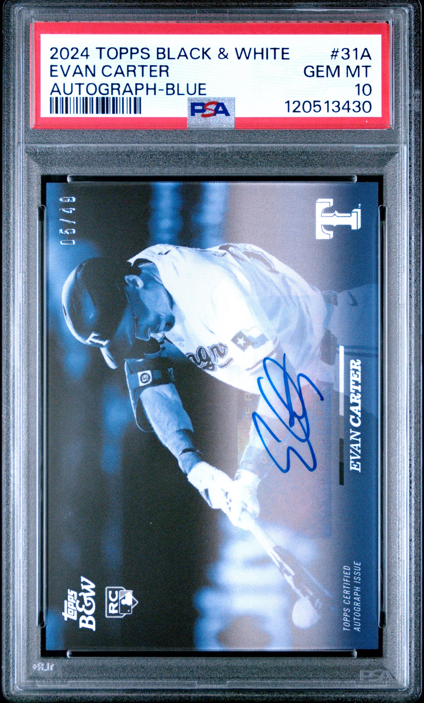 Evan Carter 2024 Topps Black & White Autographed Blue Rookie Card /49 PSA 10
