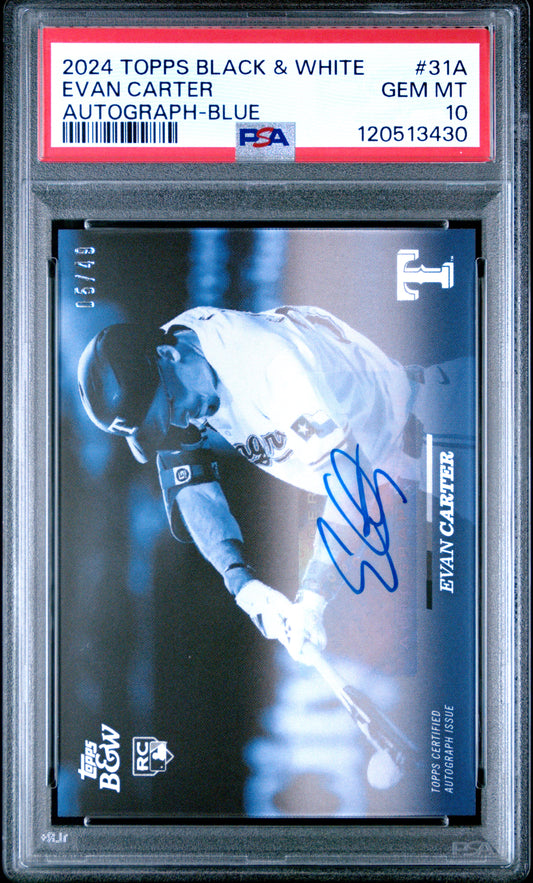 Evan Carter 2024 Topps Black & White Autographed Blue Rookie Card /49 PSA 10