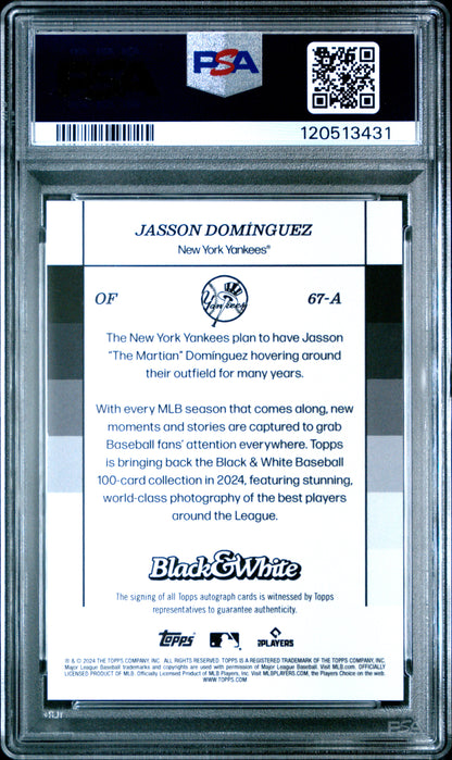 Jasson Dominguez 2024 Topps Black & White Autographed Red Rookie Card /10 PSA 10
