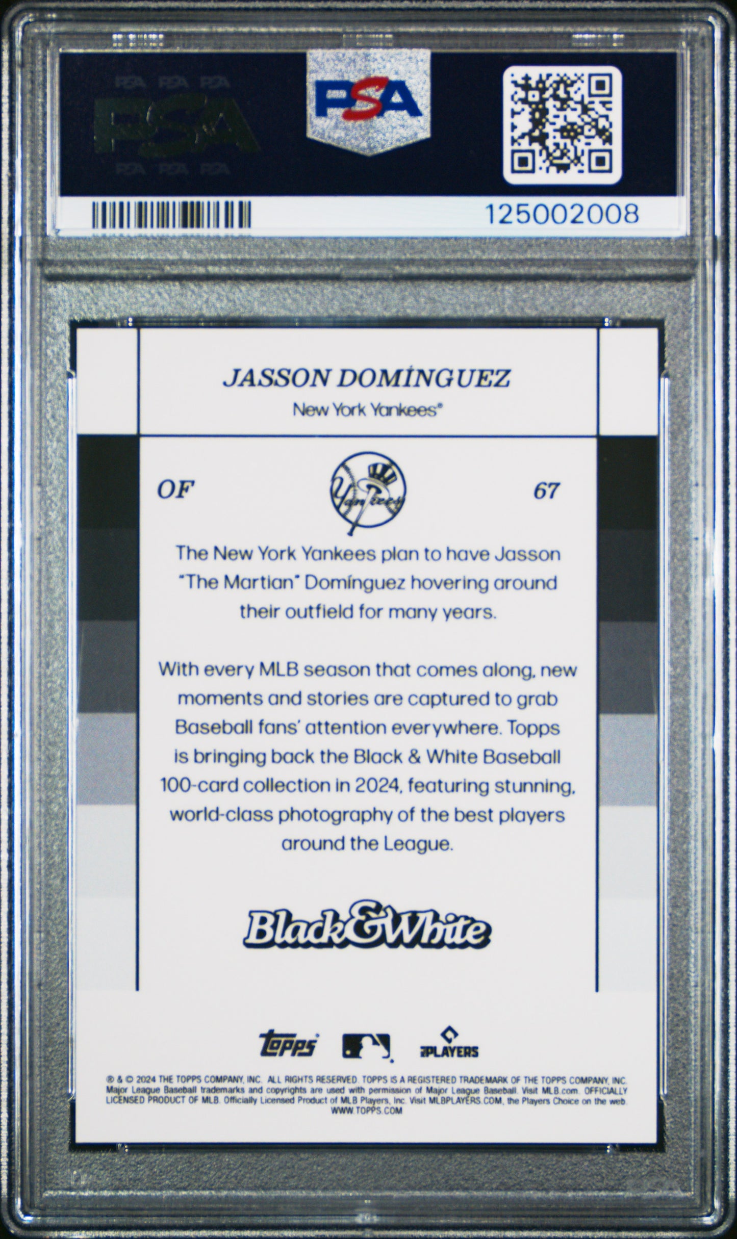 Jasson Dominguez Yankees 2024 Topps Black & White Purple Rookie Card /25 PSA 10