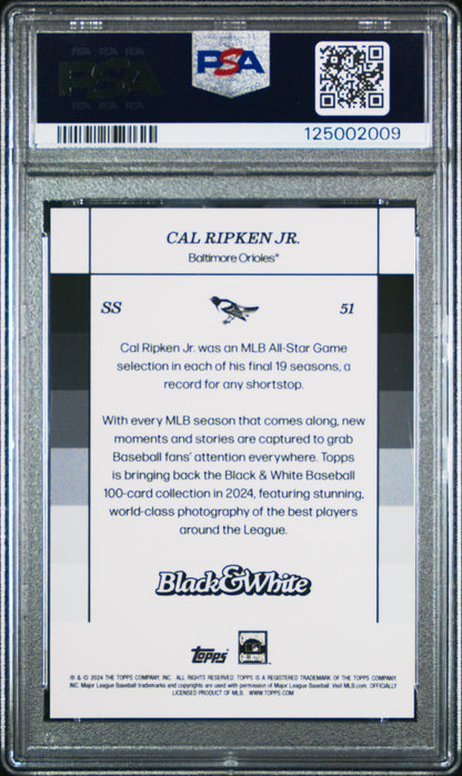 Cal Ripken Jr. Orioles 2024 Topps Black & White Purple #51 Card /25 PSA 10